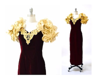 Vintage 80s Prom Dress Red Velvet Gold Metallic Evening Gown Small Medium// Vintage Dark Red Velvet gold metallic Ruffle Dress Pageant Gown