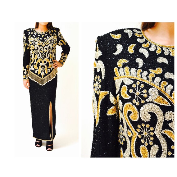 80s 90s Vintage Black Metallic Beaded Dress Eveni… - image 9