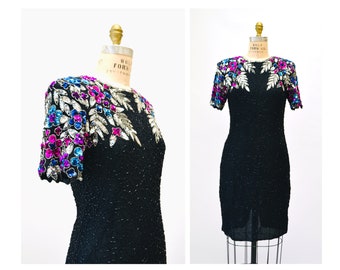 80s 90s Vintage Black Sequin Beaded Dress Small Flower Beaded Dress 90s Glam Flapper Black Metallic Beaded Flower Dress Short Sleeve Small