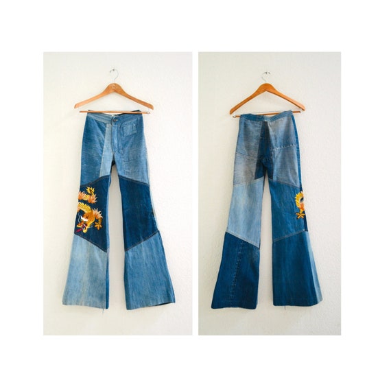 70s Authentic Vintage Patchwork Denim Shirt Bell … - image 3