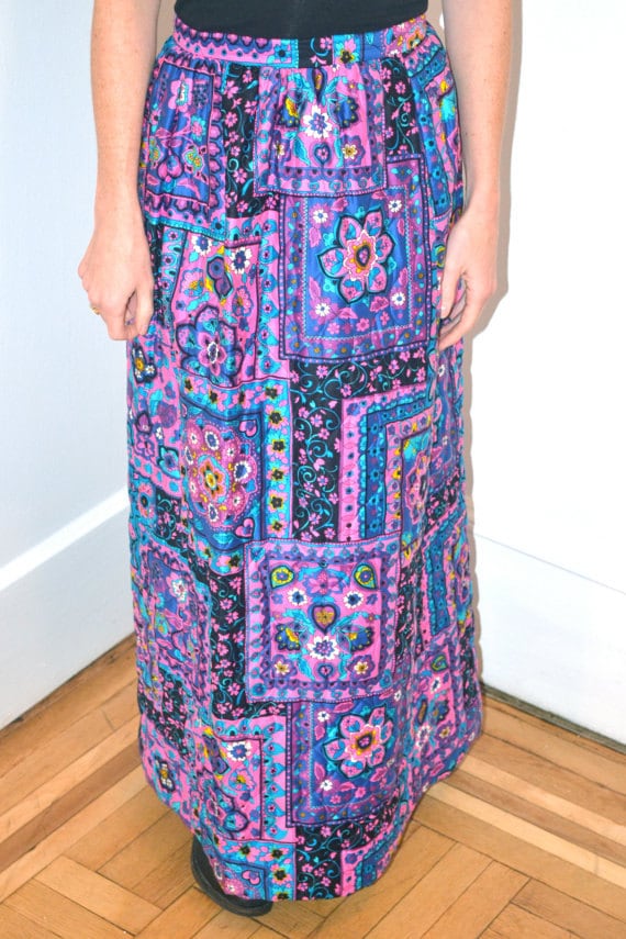 70s Vintage Boho Printed Skirt Quilted Long Maxi … - image 1
