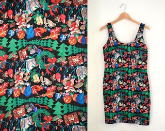 Vintage Christmas dress Nicole Miller Silk Dress Christmas Tree Santa Medium Vintage Holiday Party Dress Black Silk Xmas Christmas Dress