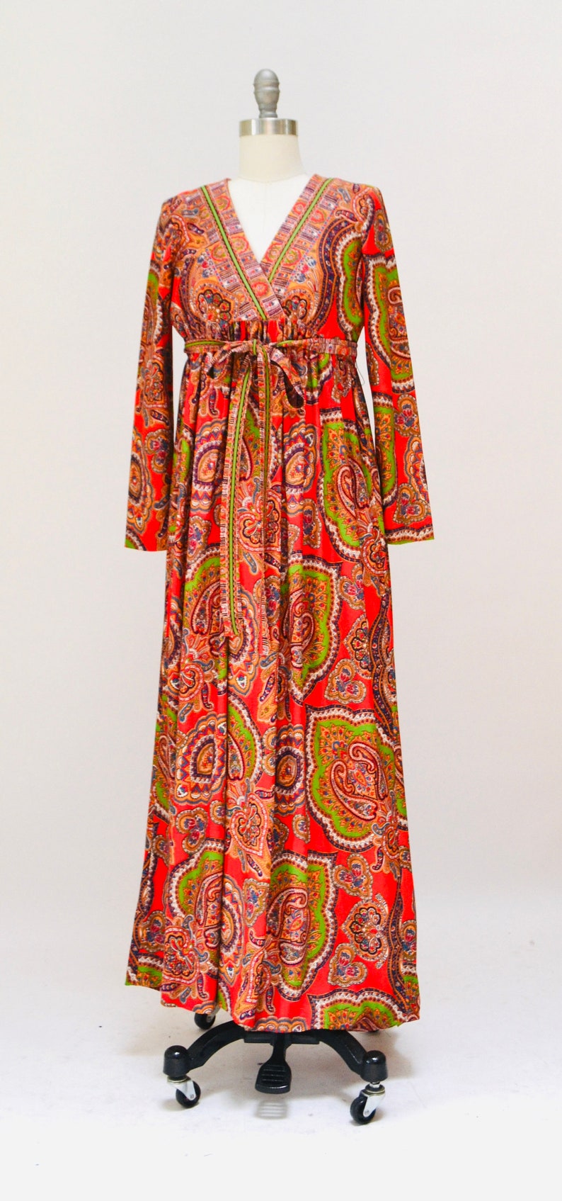 Vintage 70s Boho Dress Paisley Print Long Peasant Dress size XXS XS// 70s Vintage Paisley Print Dress orange Paisley Bohemian Peasant Dress image 3