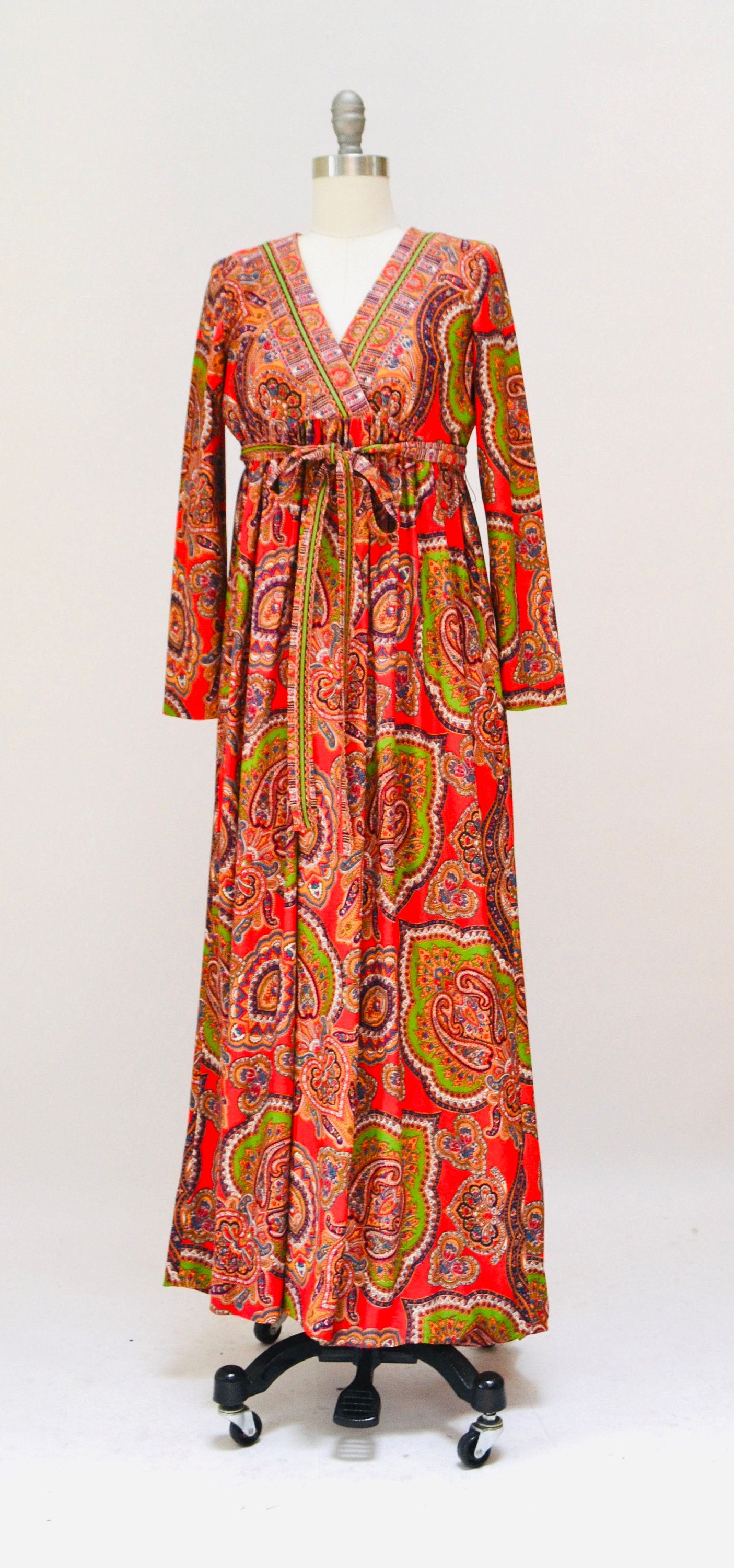 Vintage 70s Boho Dress Paisley Print Long Peasant Dress Size