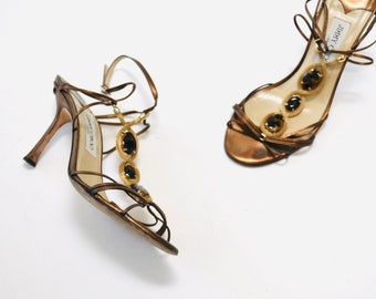 Vintage 00s Jimmy Choo Brown Leather High Heel Sandals Shoes 39 9 Gold Leather High Heels Jimmy Choo Metallic Brown Leather Jewelled Sandals