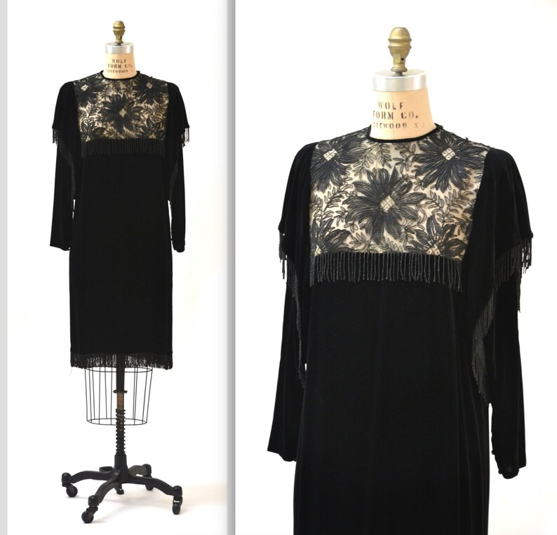 Vintage Black Velvet Dress Flapper Inspired Dress Size Medium Silk// Vintage 80s does 20s Black Beaded Fringe Velvet Dress image 3