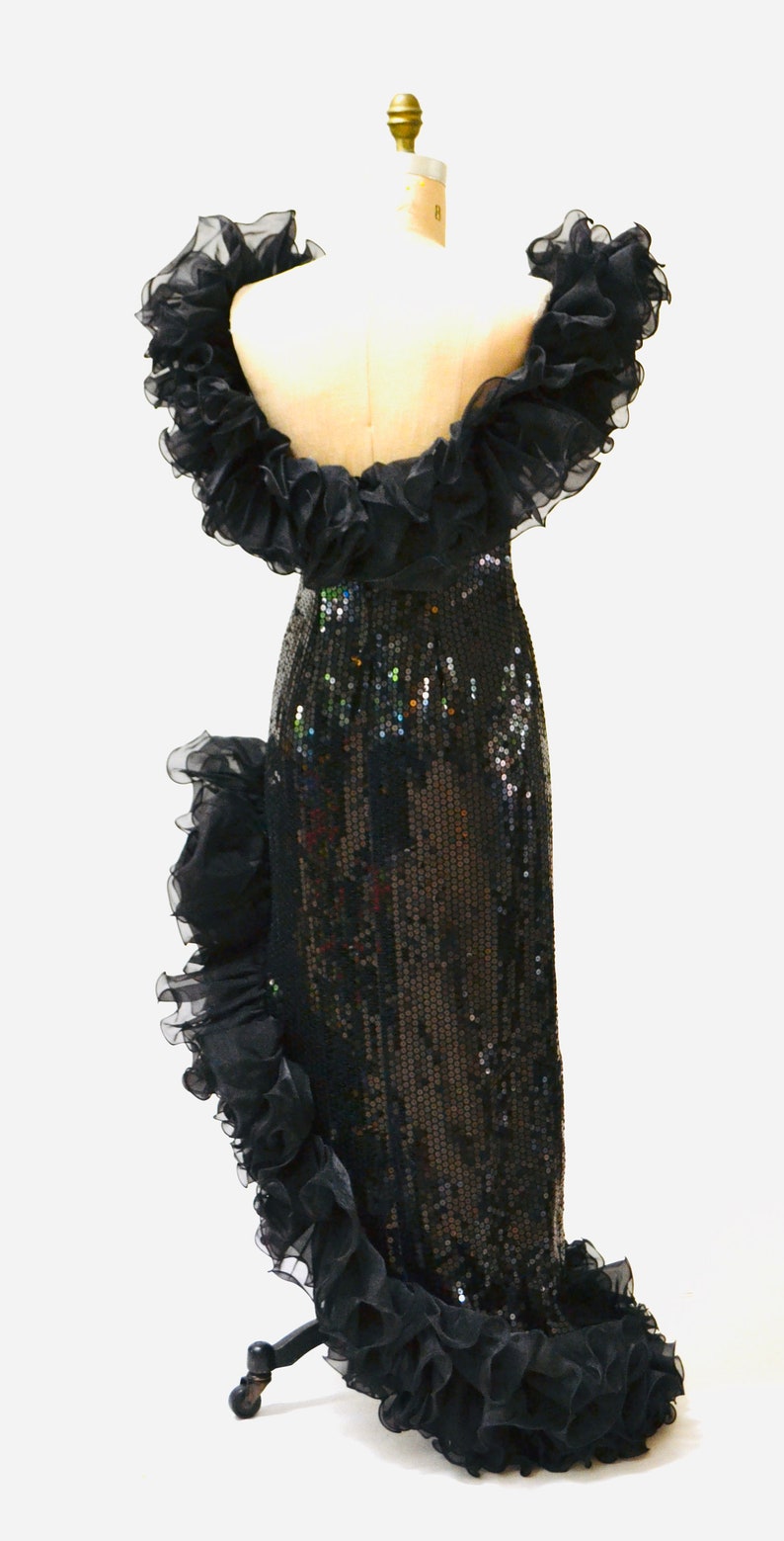 80s Vintage Black Sequin Dress Evening Gown Ruffles Size Medium Large 80s 90s Glam Black Sequin Pageant Prom Dress Gown By Alyce Design