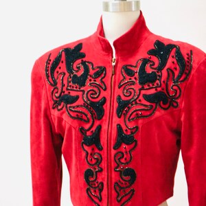 90s Vintage RED Leather Suede Jacket Michael Hoban Embroidered Autographed North Beach Leather Red Suede Embroidered Bolero Cropped Jacket image 5
