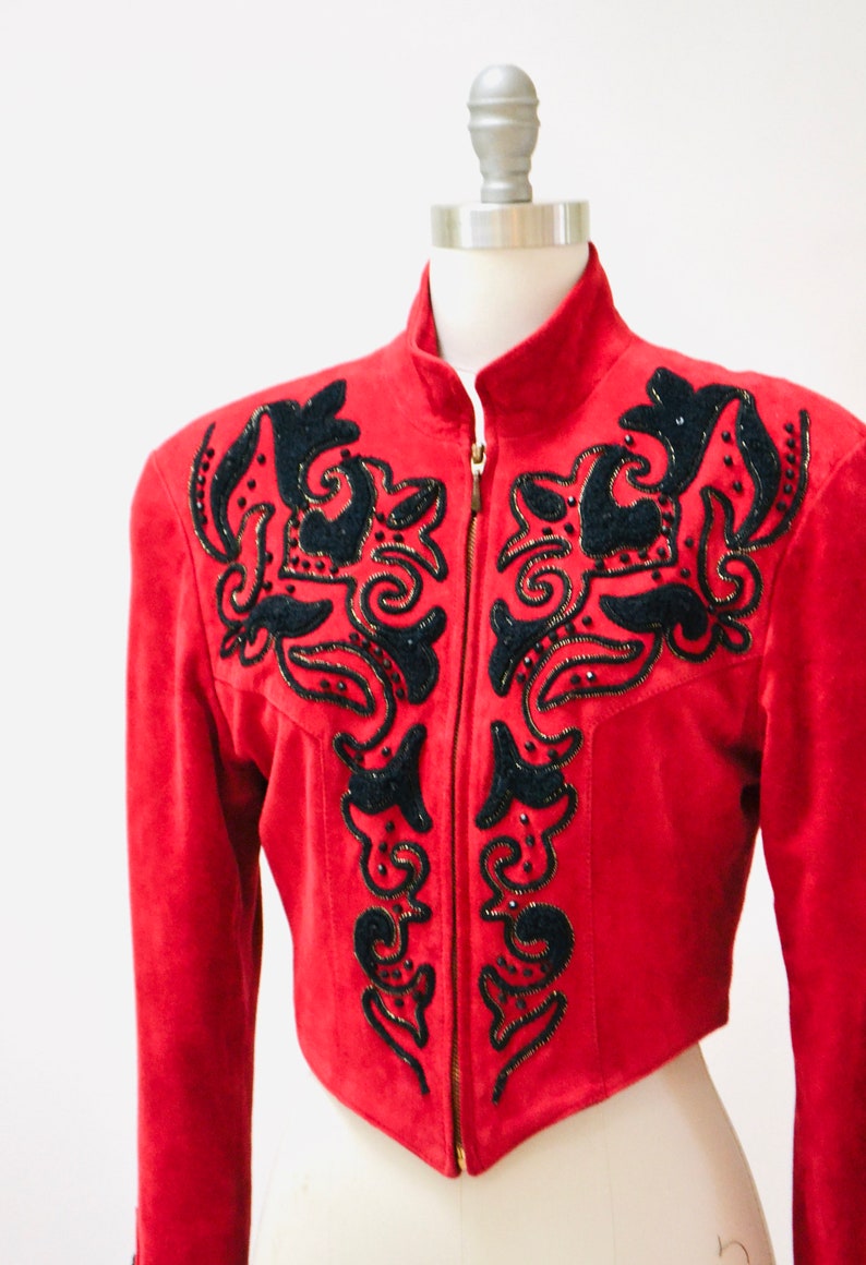 90s Vintage RED Leather Suede Jacket Michael Hoban Embroidered Autographed North Beach Leather Red Suede Embroidered Bolero Cropped Jacket image 5