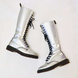 90s Dr. Martens Boots Women Size 6 Metallic Silver Boots Lace up knee high Boots// Vintage Doc Marten Silver Boots Size 5 UK Made in England