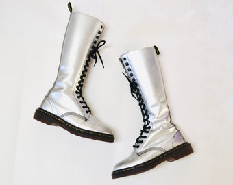 90s Dr. Martens Boots Women Size 6 Metallic Silver Boots Lace up knee high Boots// Vintage Doc Marten Silver Boots Size 5 UK Made in England