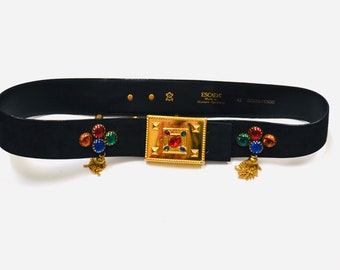 Golden  25SS ベルト ブラック系 Made In Italy 80s 90s Vintage ESCADA Black Gold Gemstone Belt Metallic