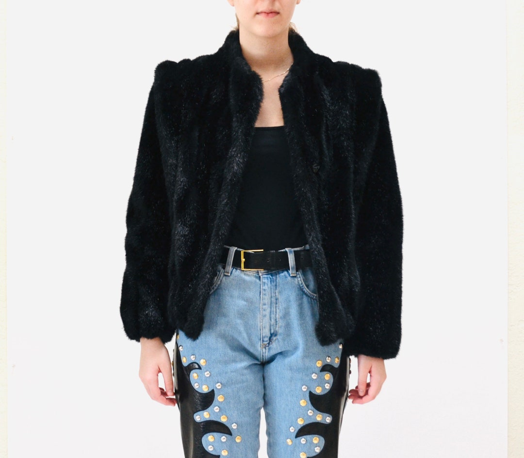 Vintage 70s 80s  Black Belted Long Faux Fur Coat 16 18 L