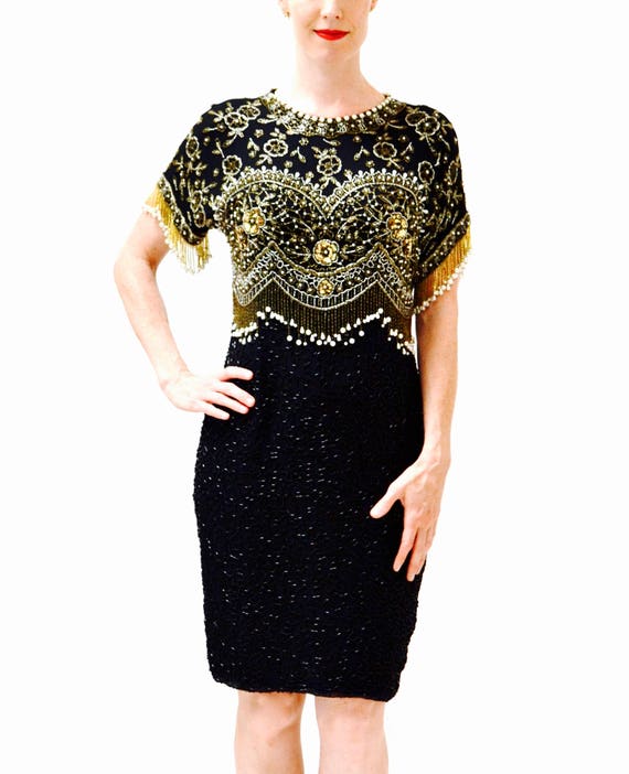 VIntage Black Sequin Dress Beaded Fringe Dress Me… - image 4