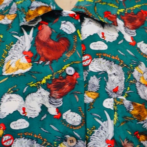 90s Nicole Miller Vintage Silk Shirt Printed Chickens Coffee// Vintage Silk Chicken Bird Animal Printed Shirt Green Button Down Medium image 5
