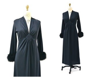 Vintage Black Dress Size Medium Maxi Dress Long Sleeves Marabou Feather Cuffs// 70s Vintage Black Evening Gown Dress Medium Long Black Dress