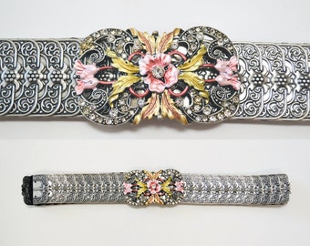 90s Y2k 2000s Vintage Silver Stretch Belt Metal Silver Rhinestone Flower Belt Buckle Western Cowgirl Silver Wedding Belt Small Medium large