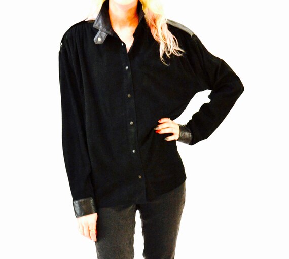 90s Vintage Black Leather Shirt Long Sleeve Button Down 90s Vintage Black Leather Shirt Long Sleeve Button Down