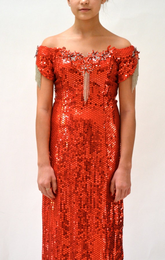 90s Vintage Red Sequin Dress Evening Gown Red 80s… - image 3