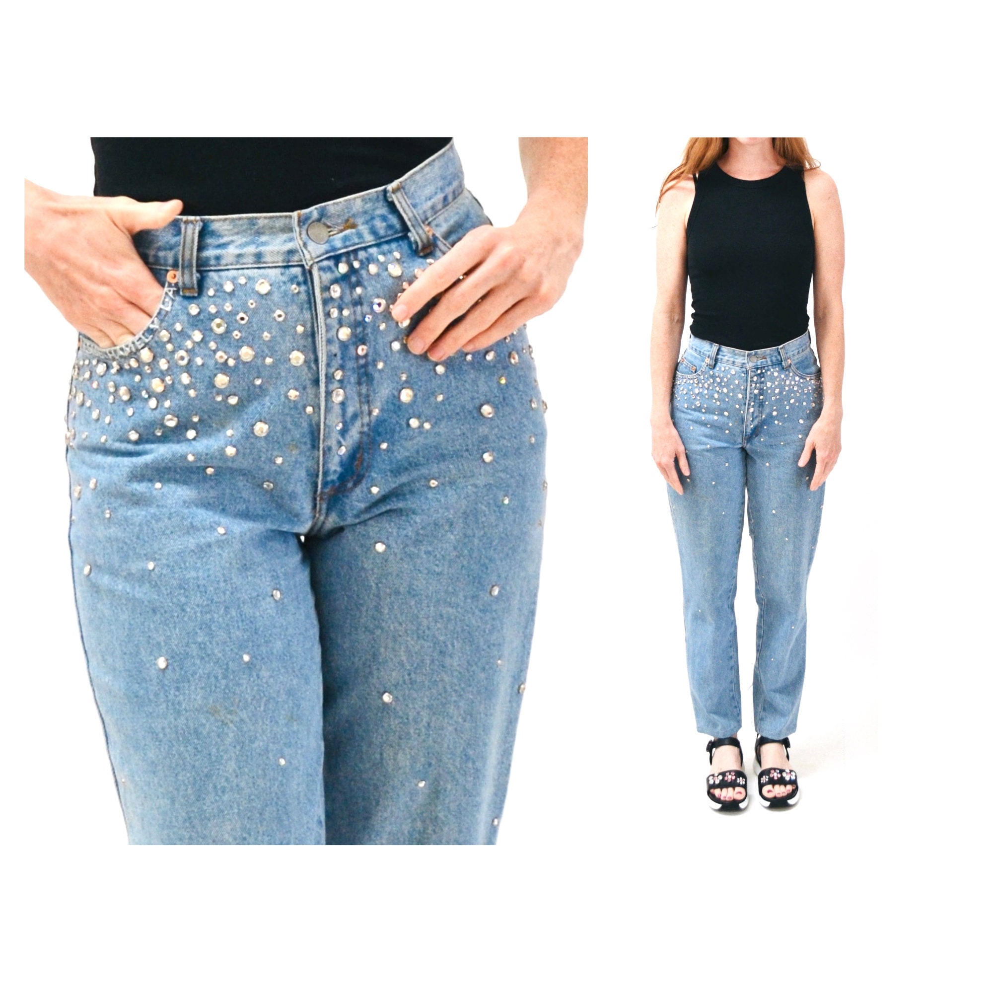 80s 90s Vintage Rhinestone Studded Jeans Pants Leslie Hamel