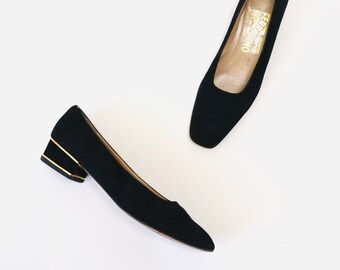 Vintage Salvatore Ferragamo Black Pumps Shoes 8 1/2 AAA Black Suede Gold Leather Vintage Low Heel Ferragamos 8 1/2 Narrow Made in Italy