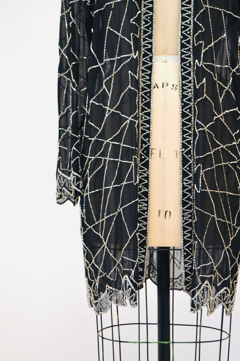 90s Vintage Black Beaded Silk Chiffon Duster Jacket Black Beaded Sheer Black Top Long Sleeves Beaded Beach Cover UP Fabrice Small Medium image 3