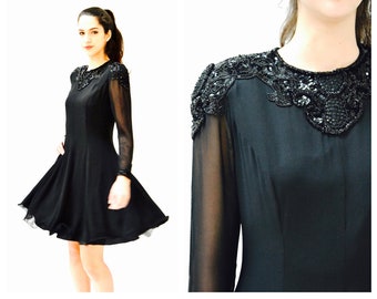 90s Vintage Black Silk Party Dress Black Sequin Beaded Dress Small Medium// 90s Prom Party Vintage Black Sequin Dress Long sleeve Dress