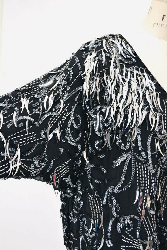 80s Glam Sequin Party Top Black Silver Metallic 8… - image 5