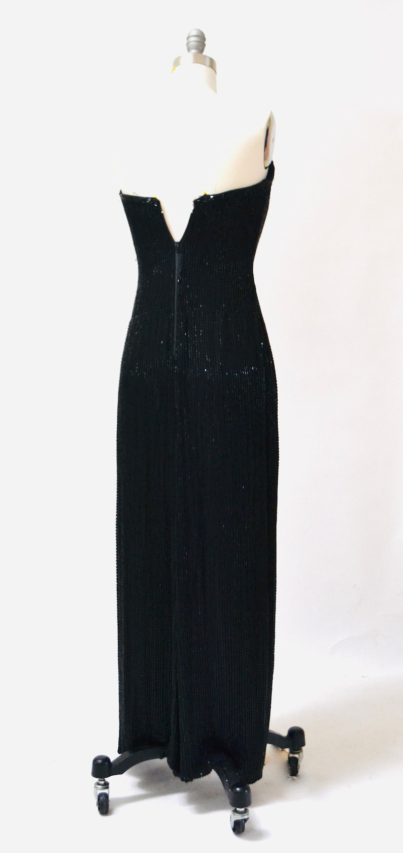 80s 90s Vintage Beaded Sequin Gown Dress By Bob Mackie Black Silver Strapless Black Beaded Gown BoB Mackie Cher Pageant Dress XS Small image 9