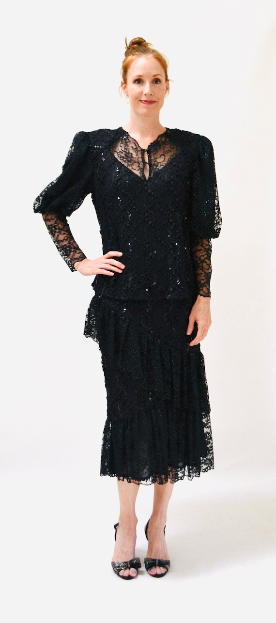 Vintage 80s Party black Dress Sequin Lace Dress S… - image 2