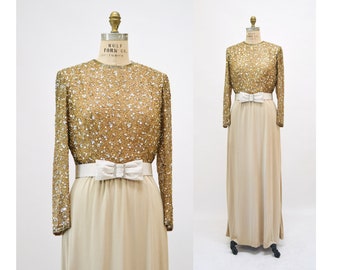 70s 80s Gold Sequin Metallic Dress Gown Wedding Dress 70s Gold Silver Beaded Dress Medium By Claire Pearone// 70s Vintage Beaded Gold Dress