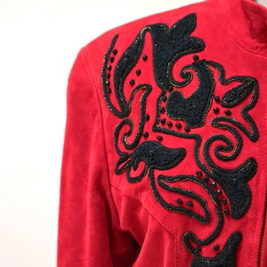 90s Vintage RED Leather Suede Jacket Michael Hoban Embroidered Autographed North Beach Leather Red Suede Embroidered Bolero Cropped Jacket image 6