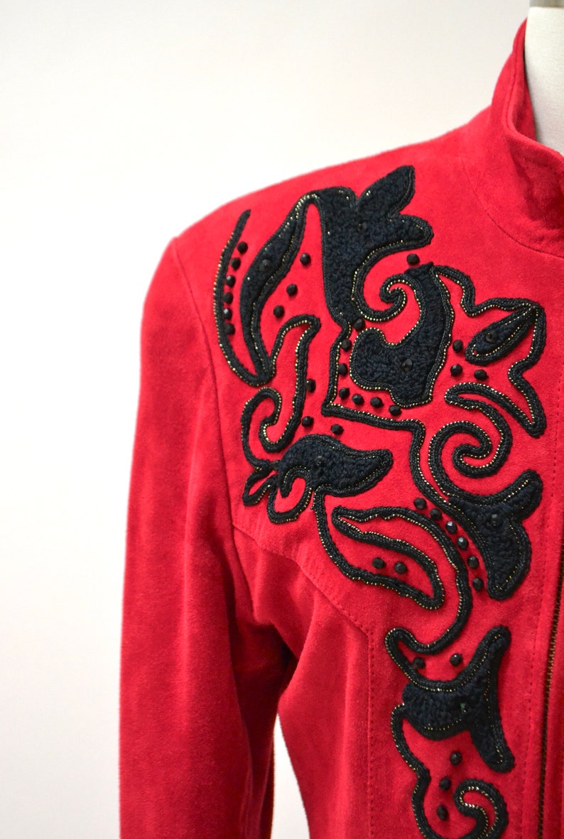 90s Vintage RED Leather Suede Jacket Michael Hoban Embroidered Autographed North Beach Leather Red Suede Embroidered Bolero Cropped Jacket image 6