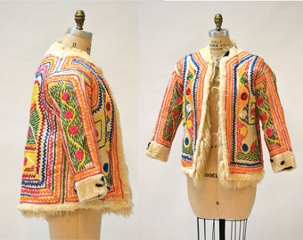 Vintage Embroidered Shearling Afghan Jacket Coat Medium Large penny lane //  70s Shearling Coat Embroidered Sheepskin Fur Boho Afghan Jacket