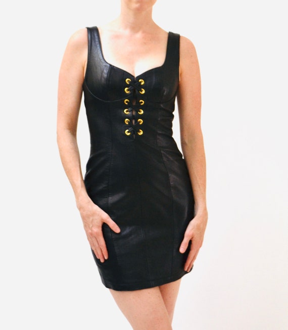 Vintage Black Leather Dress with Lace Up by Micha… - image 3