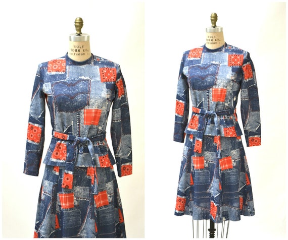 70s Vintage Denim Patchwork Print Skirt and Shirt