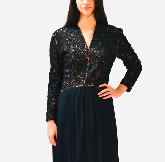 Vintage Black Evening Gown Long Sleeve lace Dress… - image 3