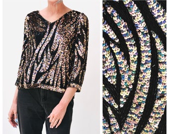 Vintage 80s Metallic Sequin Zebra Shirt Small Medium Black Gold// Vintage 80s Disco Glam Sequin Shirt Gold Black Zebra Stripe Iridiscente