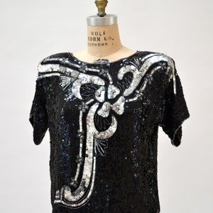 Vintage Black Sequin Top Shirt Black Silver Small Art Deco Flapper Inspired// Vintage Metallic Sequin Shirt Top Silver Black Small image 2