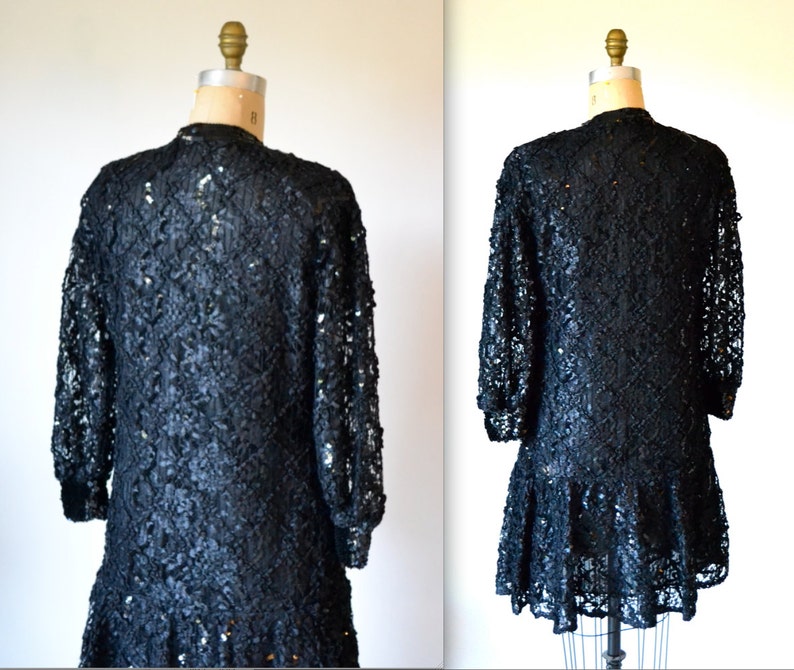 80's Black Lace and Sequin Flutter Sleeve Dress