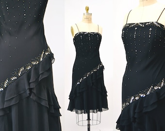 Vintage 90s 00s Y2K Bias Cut Black Dress Size Medium Black Beaded Dress Chiffon Black Dress with Beaded Sequin and Ruffle Hem