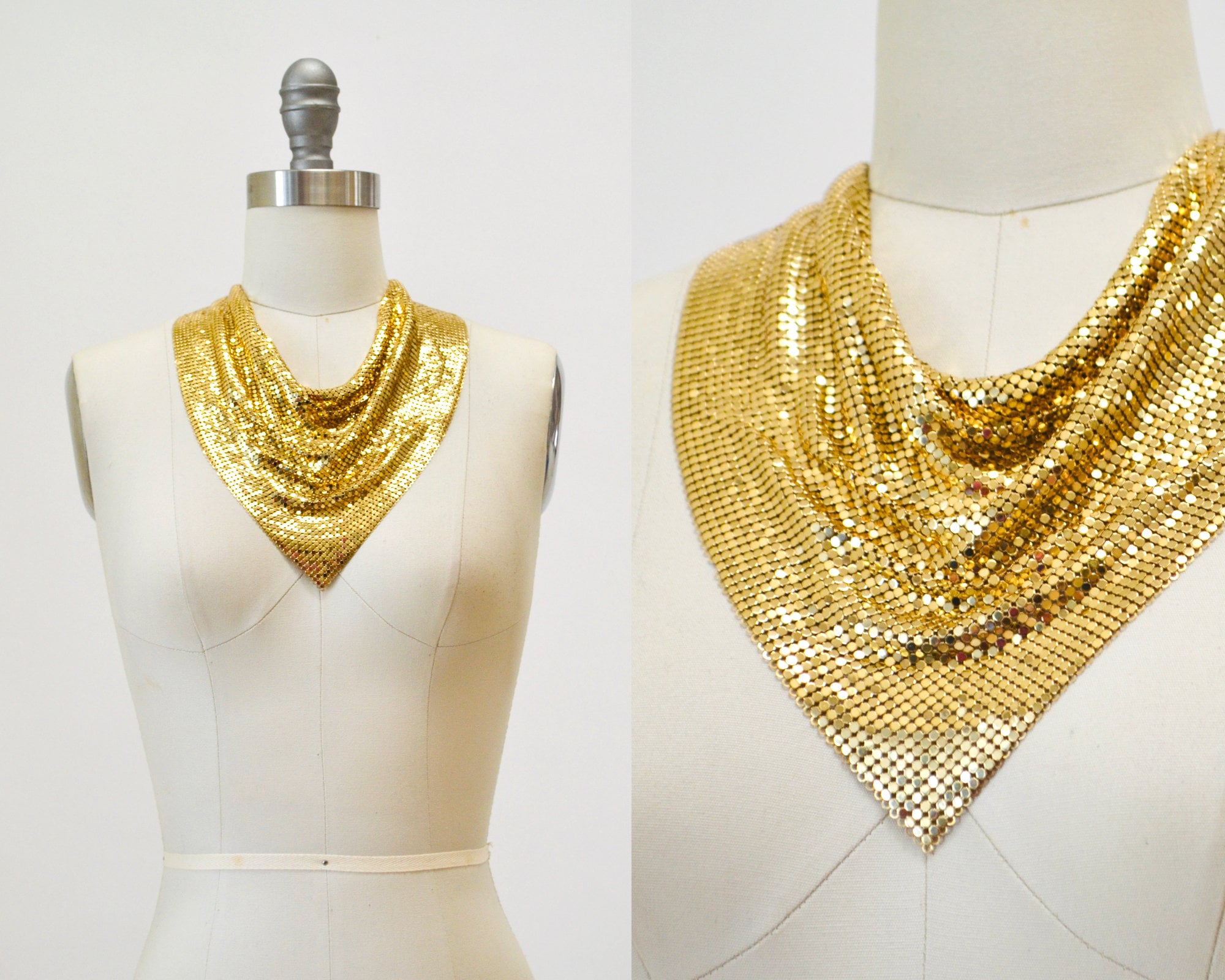 70s 80s Gold Metal Chainmail Collar Necklace Bib Whiting and