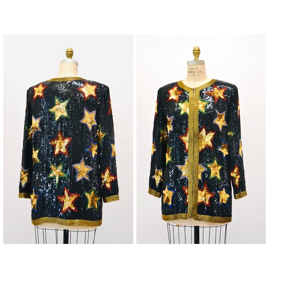 80s 90s Vintage Star Sequin Beaded Jacket Black G… - image 1