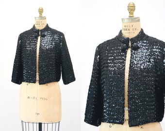 70s Vintage Black Sequin Jacket  Medium// Black Silk Sequin Cropped Jacket Size Small Medium Holiday Metallic Sequin Jacket for Party