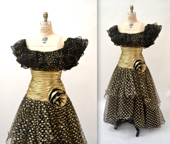 80s Vintage Metallic Party Dress Evening Gown Blac