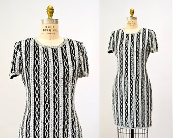 90s Vintage Party Dress Black White Silver Sequin Beaded Dress Size Medium // 80s 90s Vintage Cocktail Black Beaded Striped New Years Dress