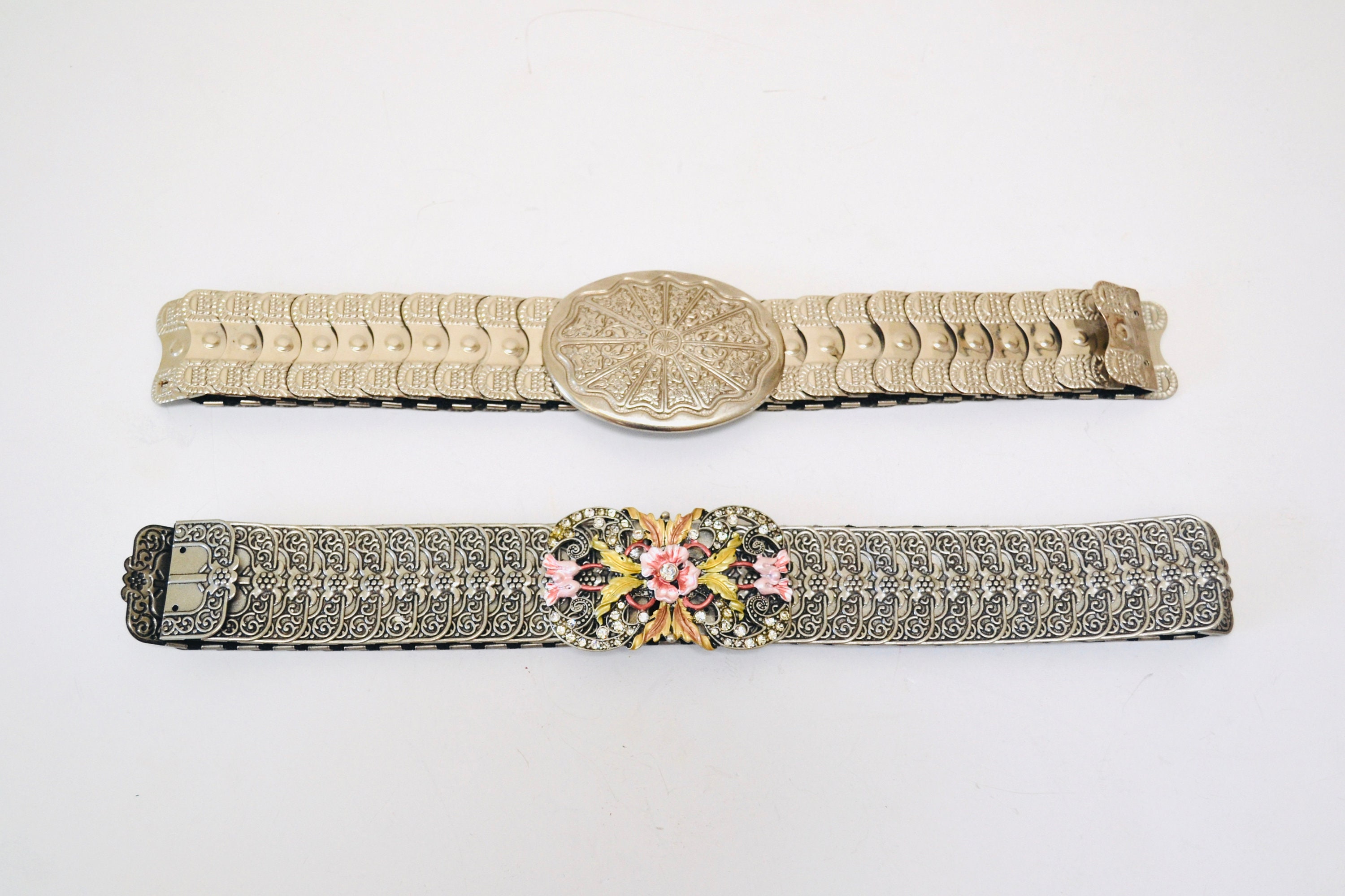 Vintage rhinestone encrusted belt flower inspired belt buckle Full of glitz Genuine Full Grain Western Floral Engraved Tooled Leather  main image 4