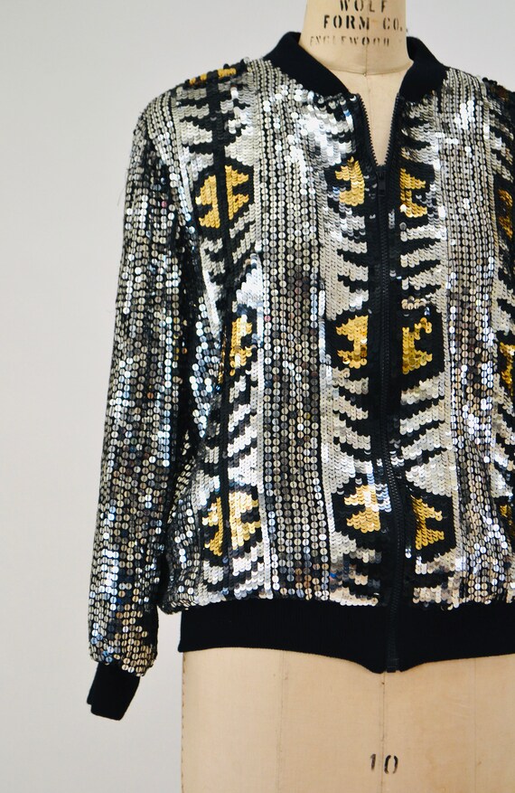 Vintage 80s 90s Silver Sequin Party Bomber Jacket… - image 4