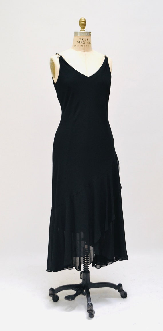 Vintage 00s Y2K Bias Cut Black Dress Black Chiffo… - image 4