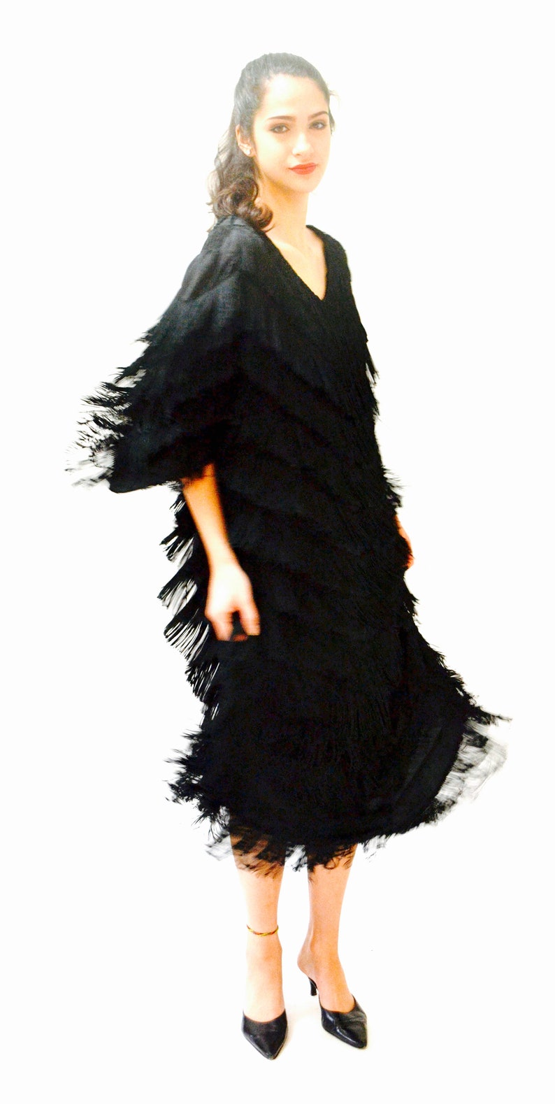 80s does 20s Vintage Black Flapper Fringe Dress Size xl xxl Plus Size// Vintage Black Fringe Party Flapper Dress Size XL xxl Dress image 7